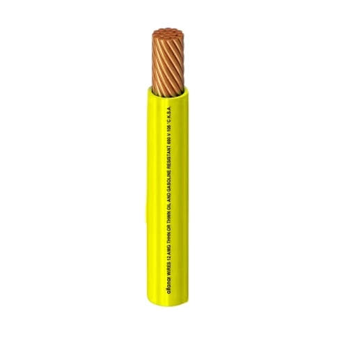 كابل من النحاس THHN/THWN معزول بمركب بلاستيك 105 درجة مئوية للتمديدات الكهربائية الفنار قطر 3.8 مم 600 فولت الطول  2500 قدم اللون  اصفر